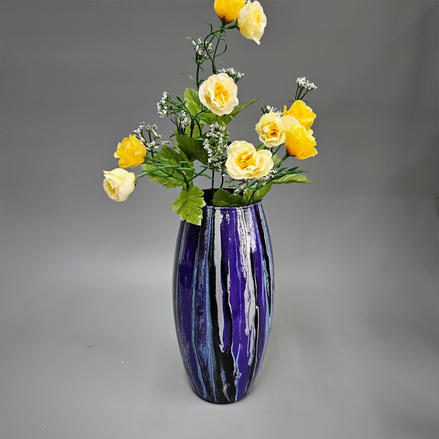 Tall Glass Art Painted Vase in Purple Black and Silver