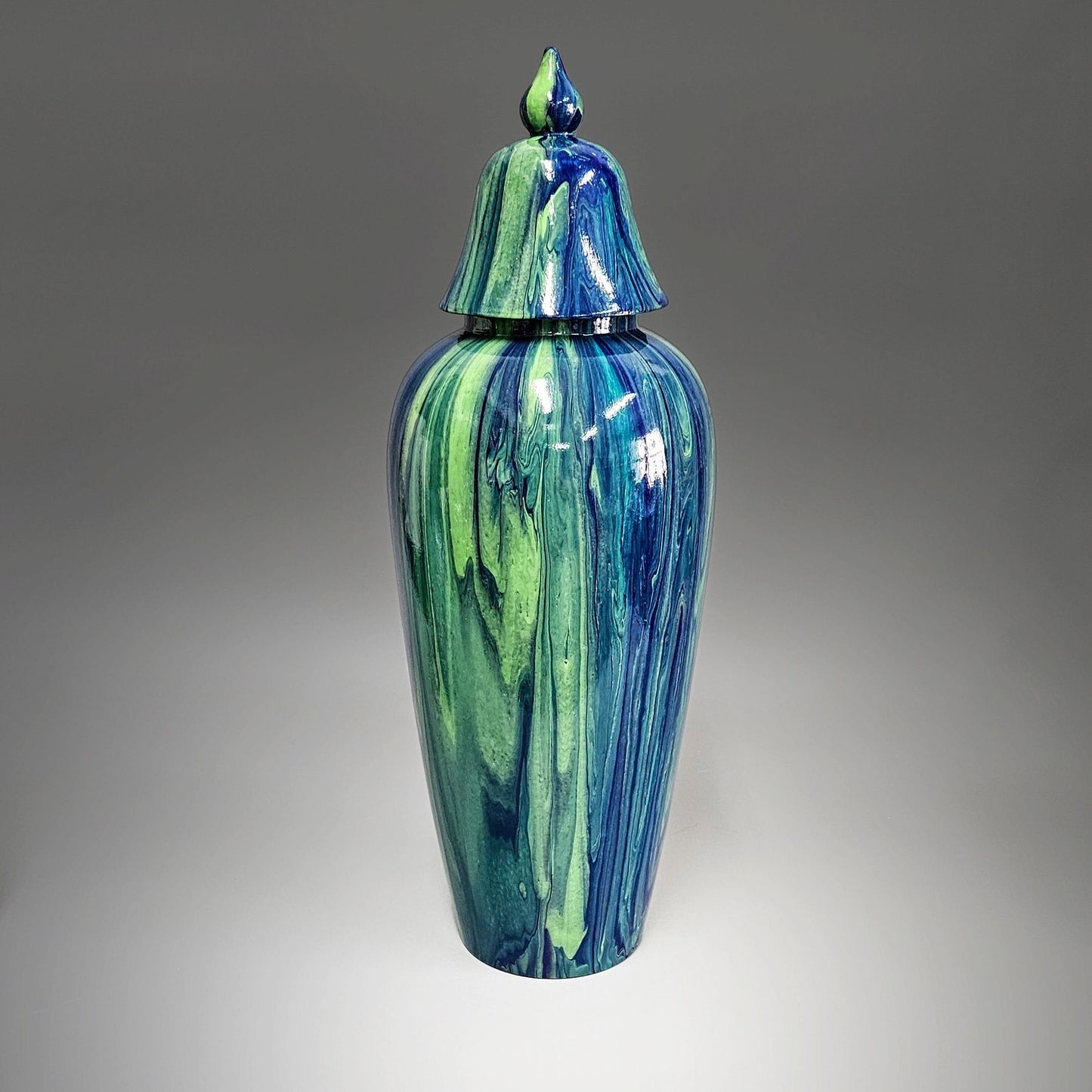 Natural Wood Urn in Blue and Green | Hand Painted Memorial Gifts