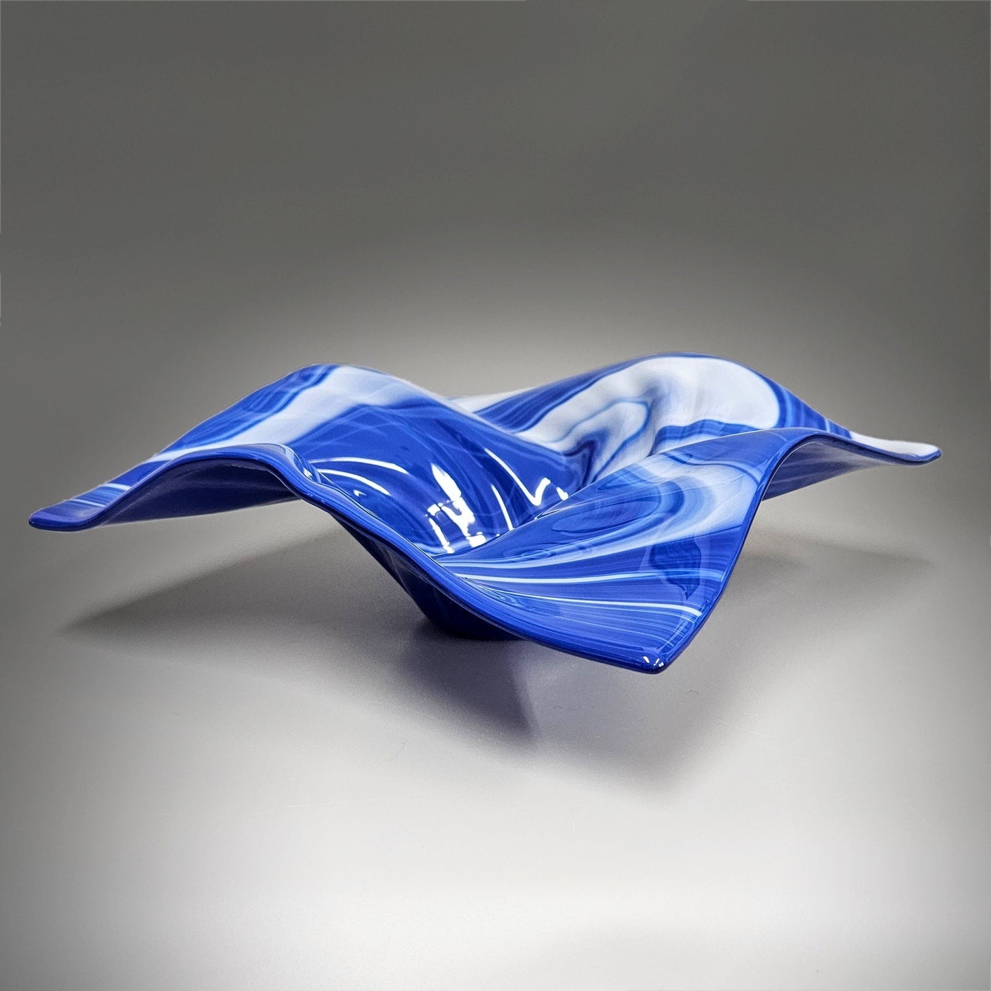 Glass Art Wave Bowl in Royal Blue and White