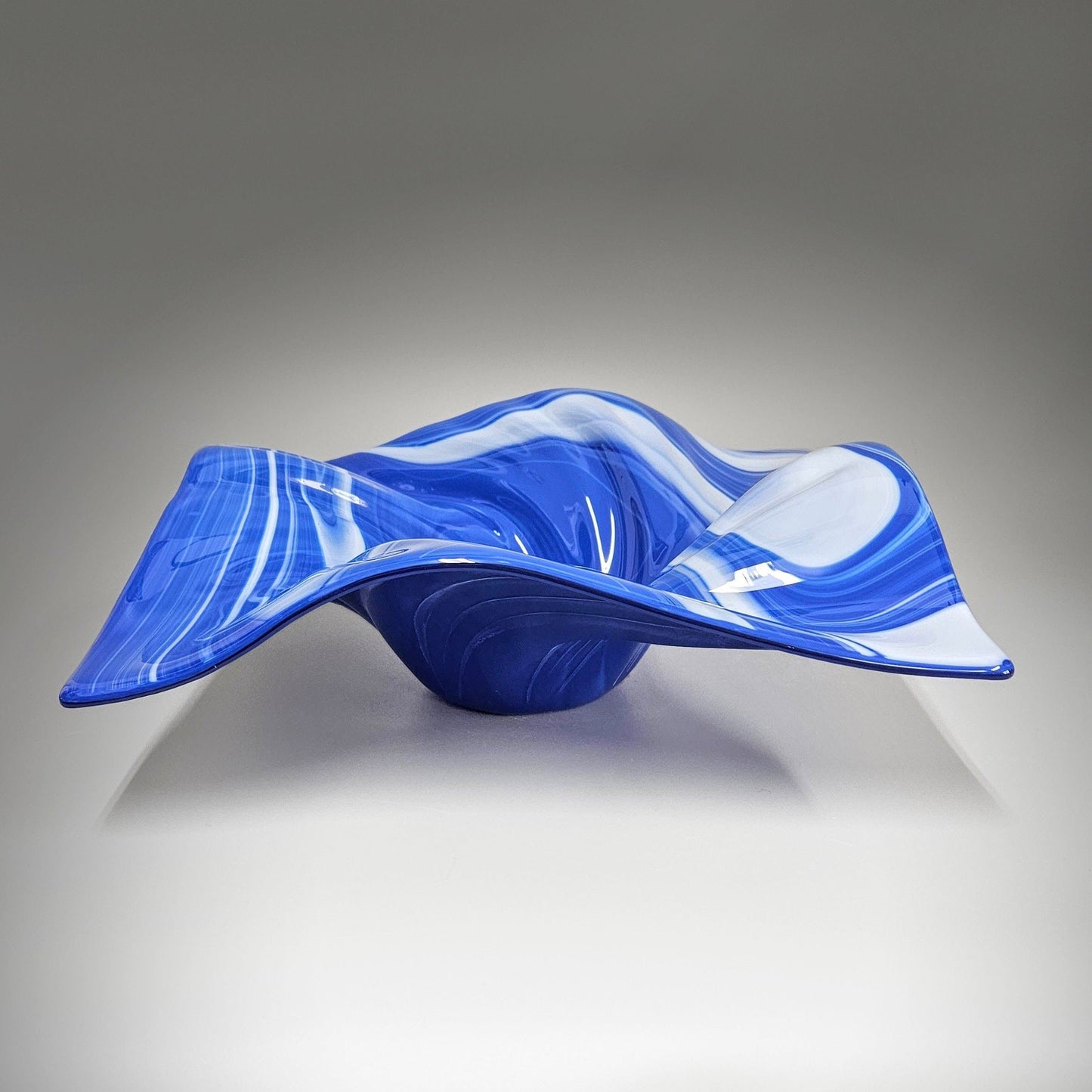 Glass Art Wave Bowl in Royal Blue and White