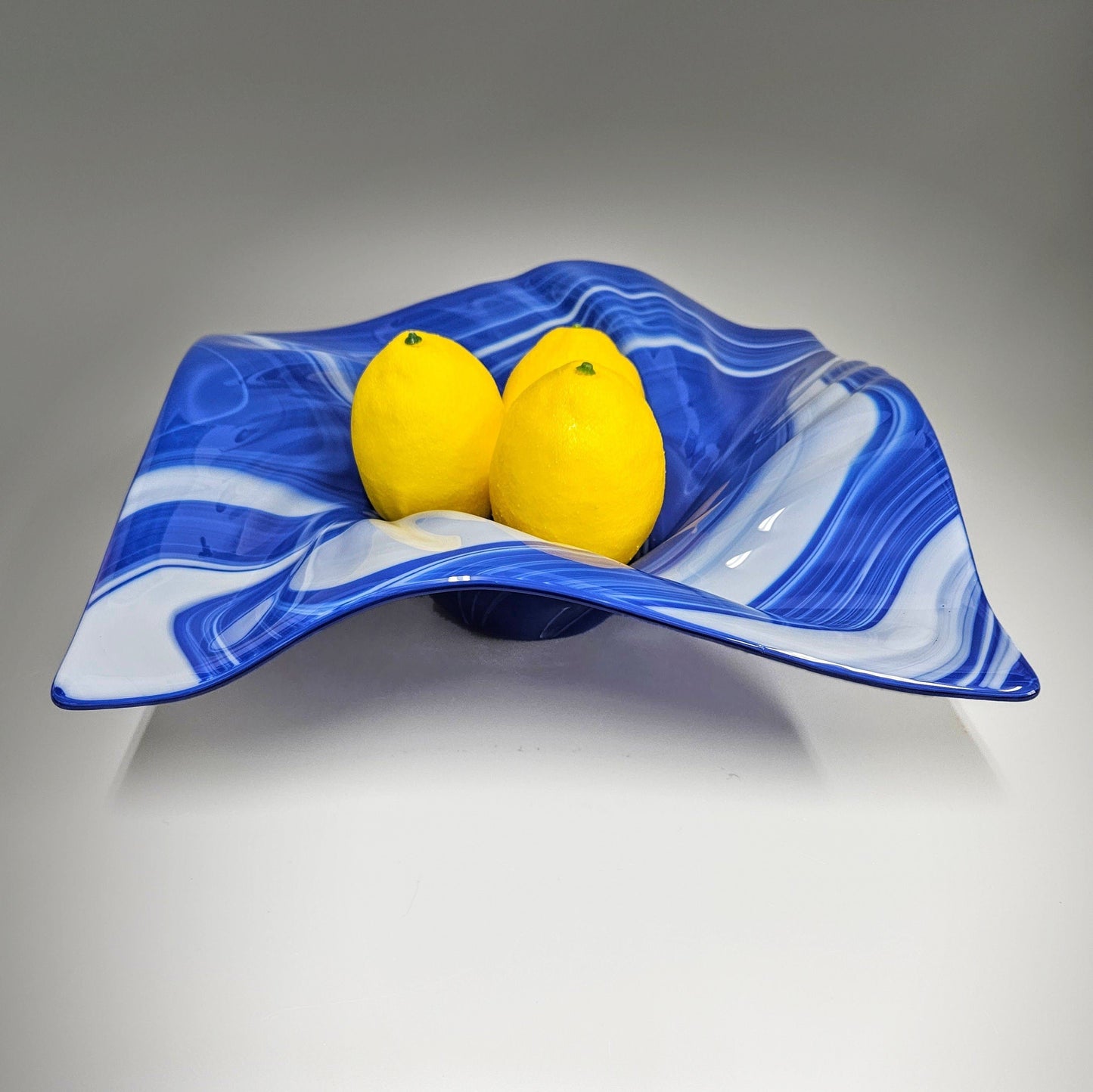 Glass Art Wave Bowl in Royal Blue and White