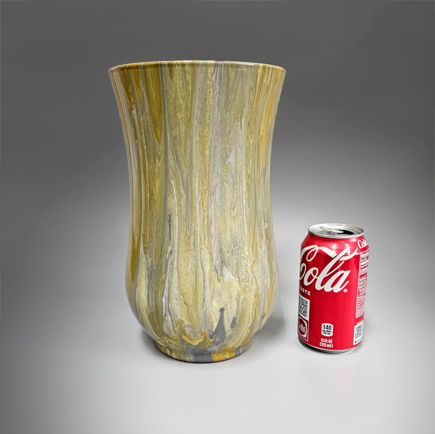 Glass Art Painted Hurricane Vase in Tan Gray and White