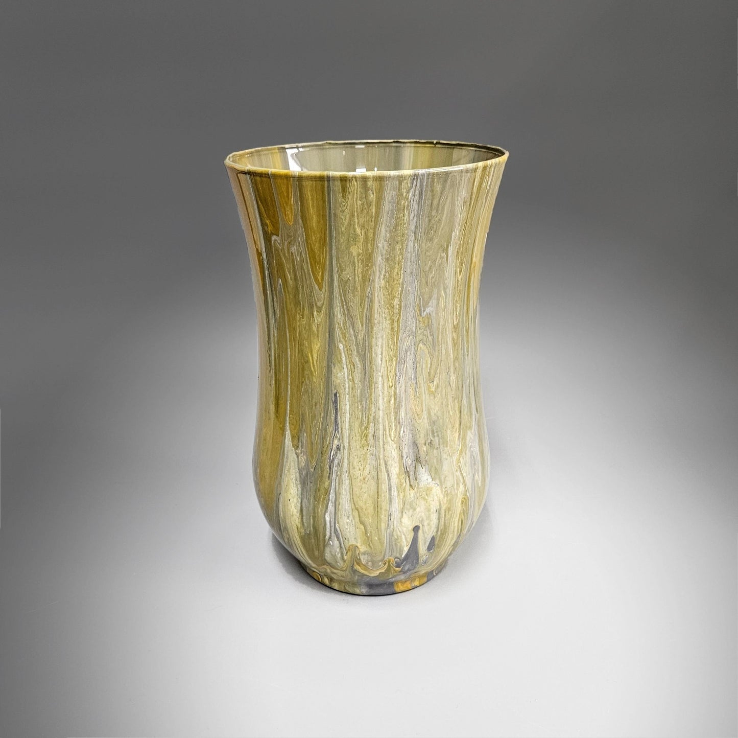 Glass Art Painted Hurricane Vase in Tan Gray and White
