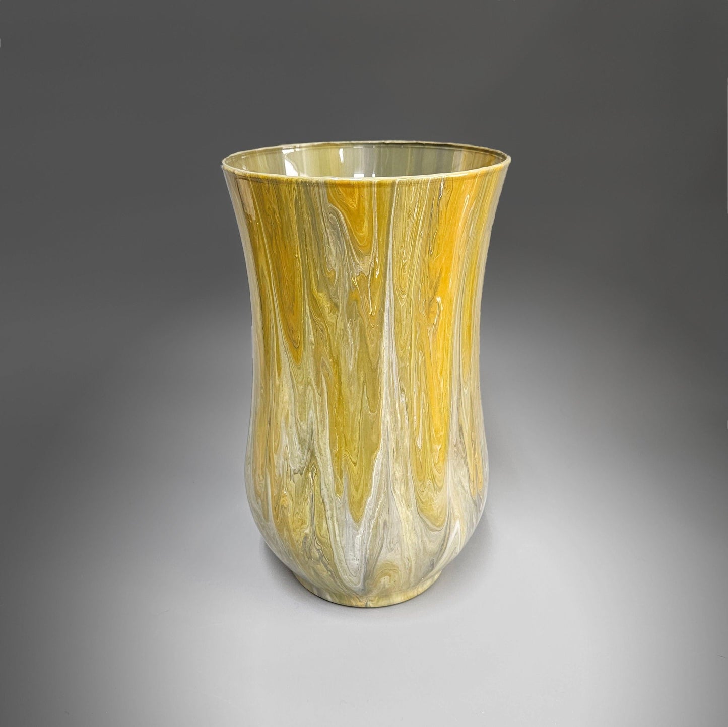 Glass Art Painted Hurricane Vase in Tan Gray and White