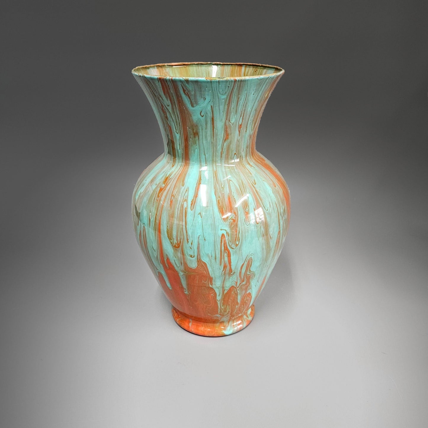 Glass Art Tall Painted Vase in Aqua Orange