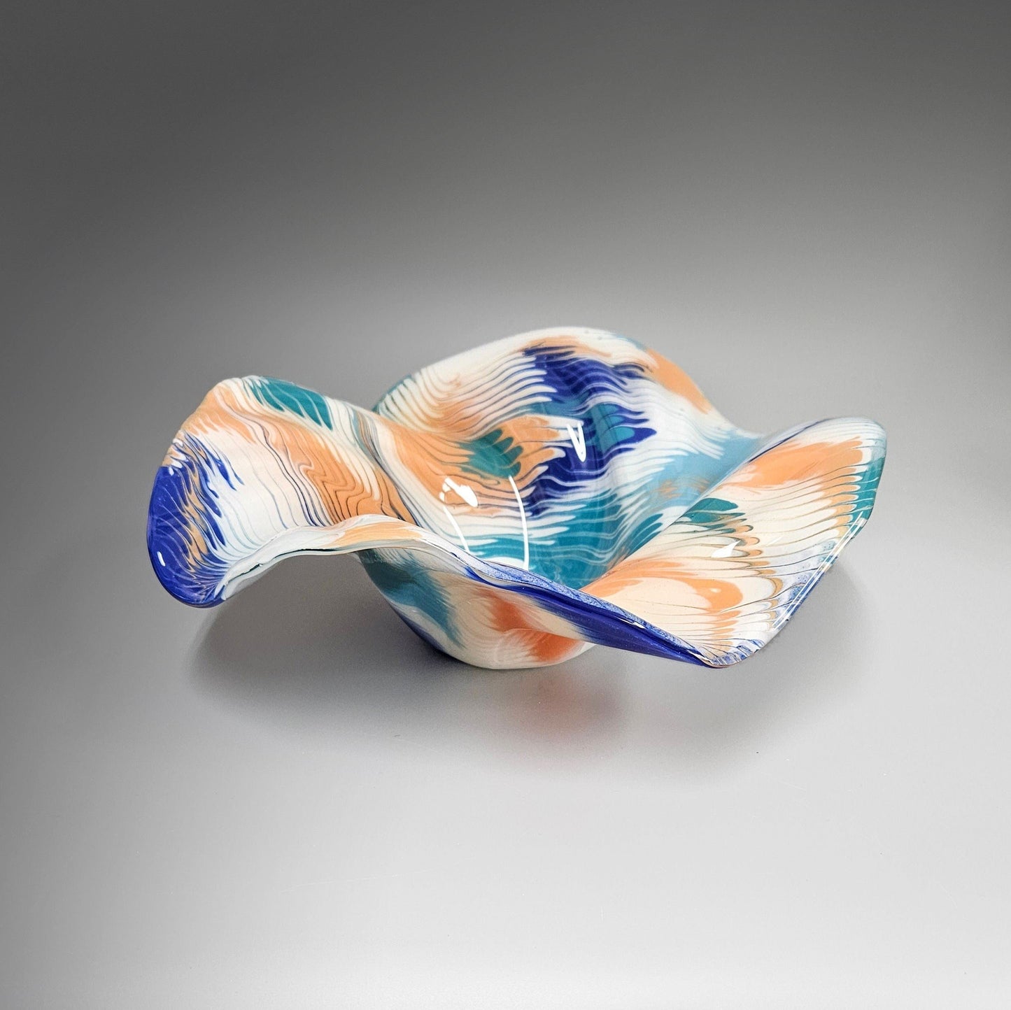 Glass Art Wave Bowl in Blue Green Orange White