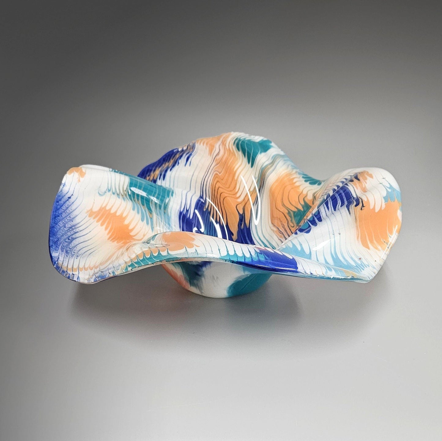 Glass Art Wave Bowl in Blue Green Orange White