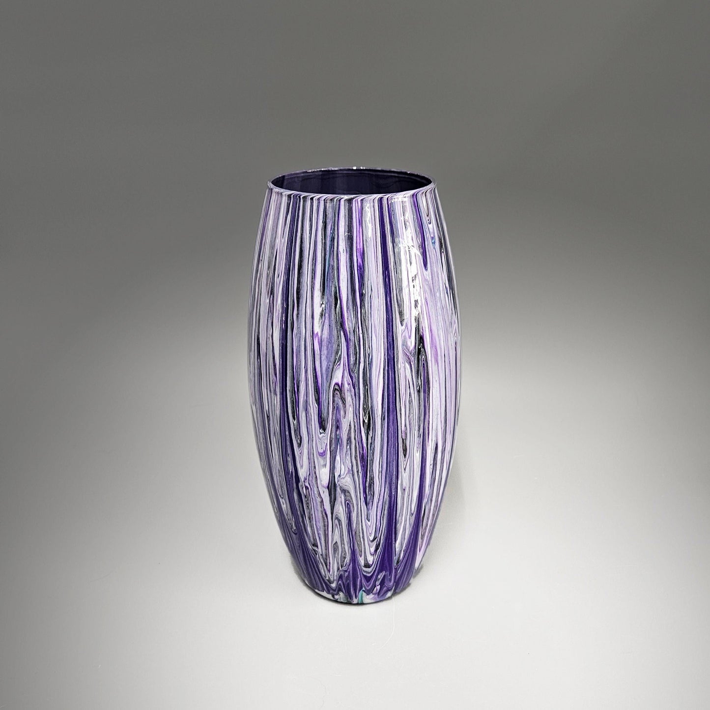 Tall Glass Vase Painted in Black Purple Teal and White
