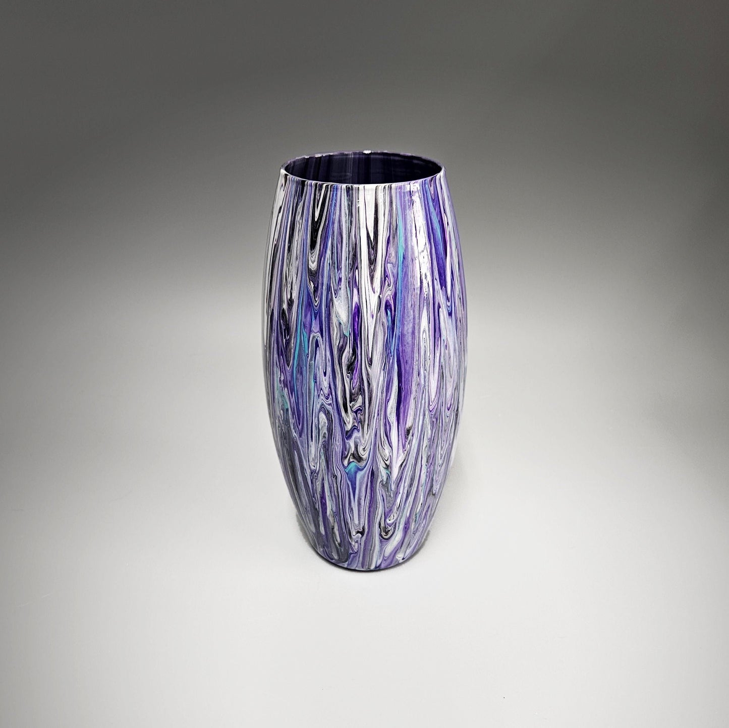 Tall Glass Vase Painted in Black Purple Teal and White