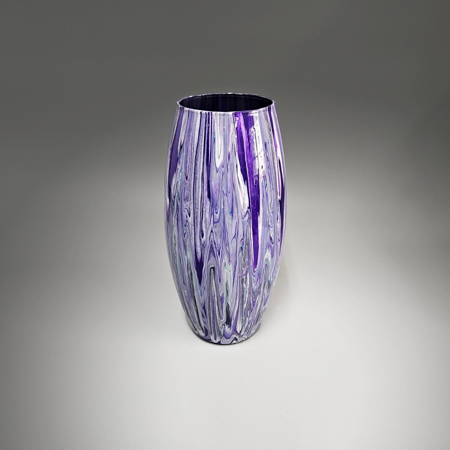 Tall Glass Vase Painted in Black Purple Teal and White