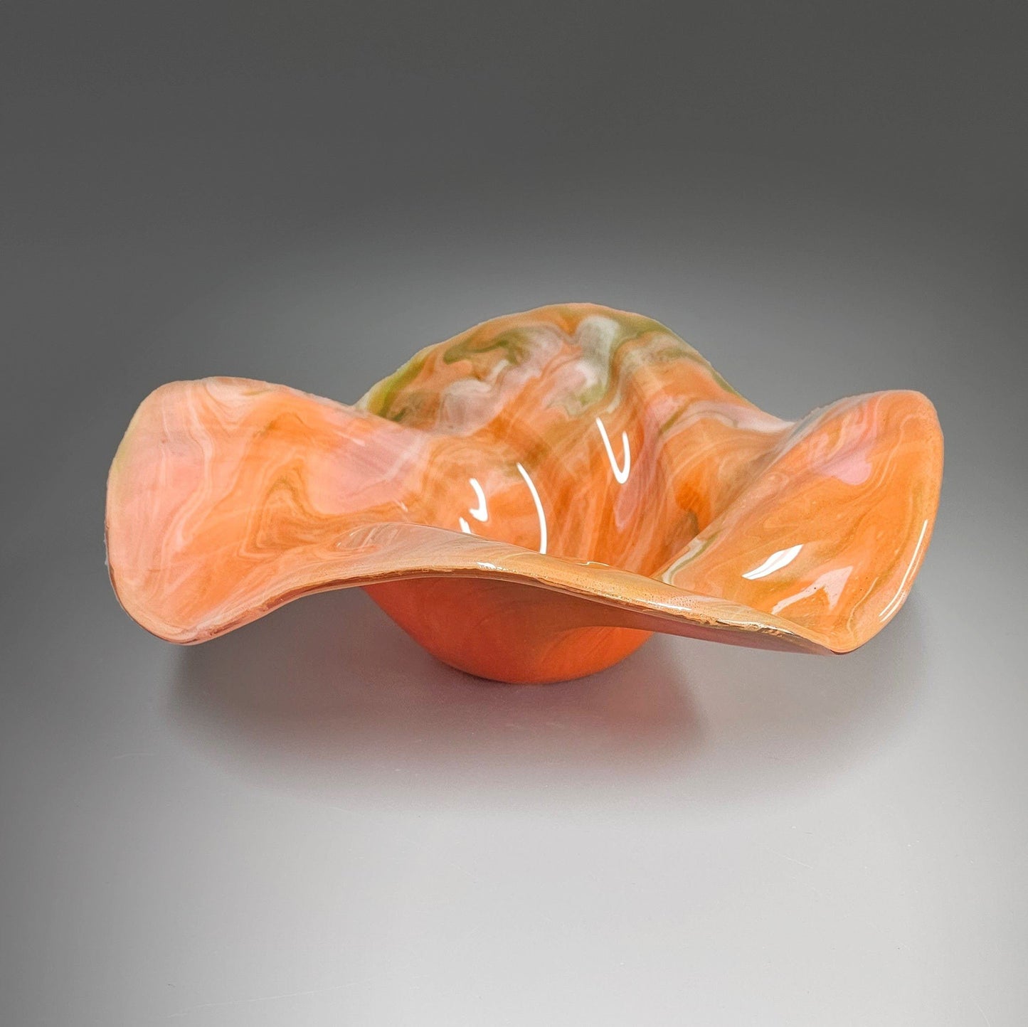 Glass Art Wave Bowl in Orange Green Pink