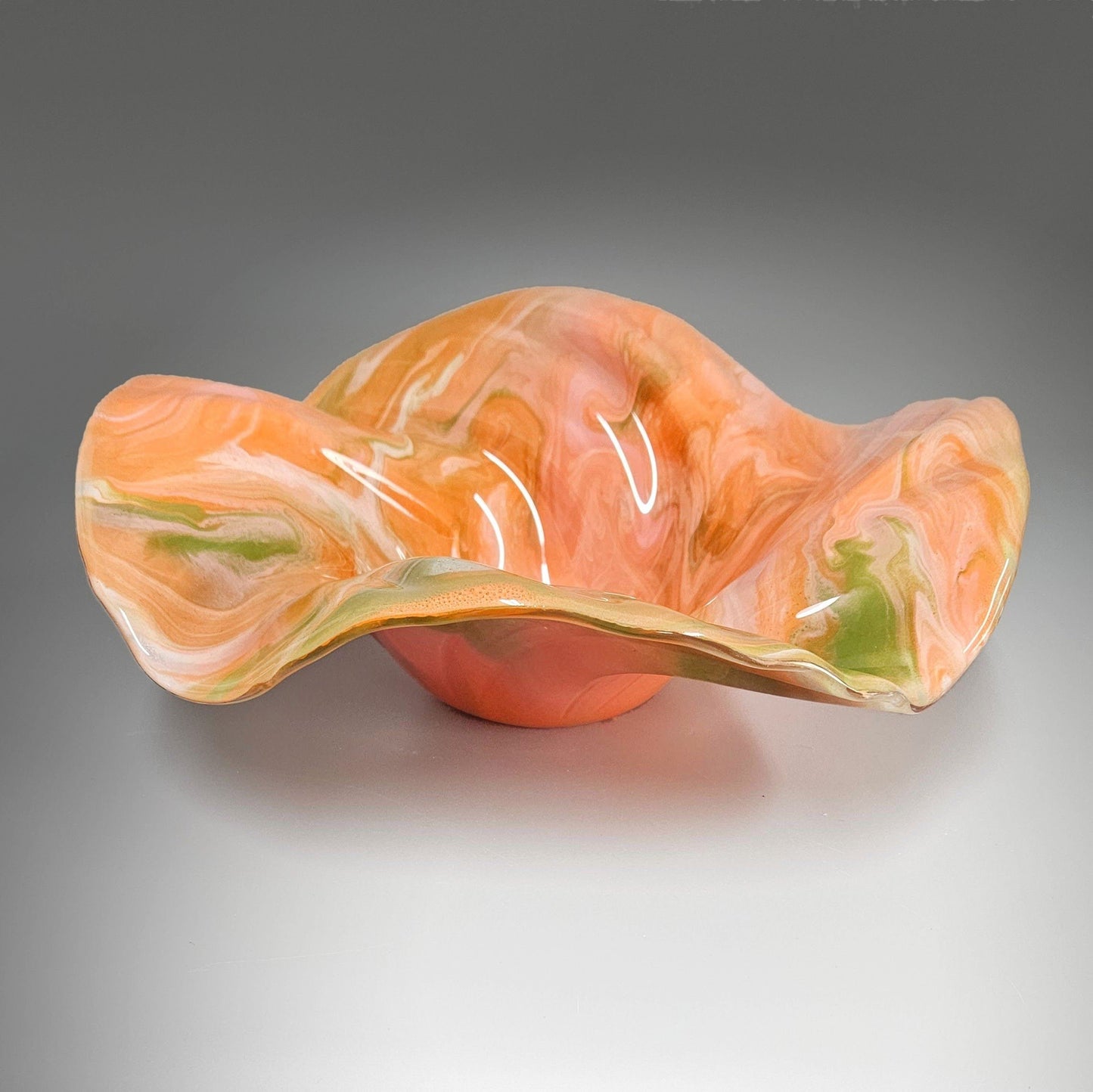 Glass Art Wave Bowl in Orange Green Pink