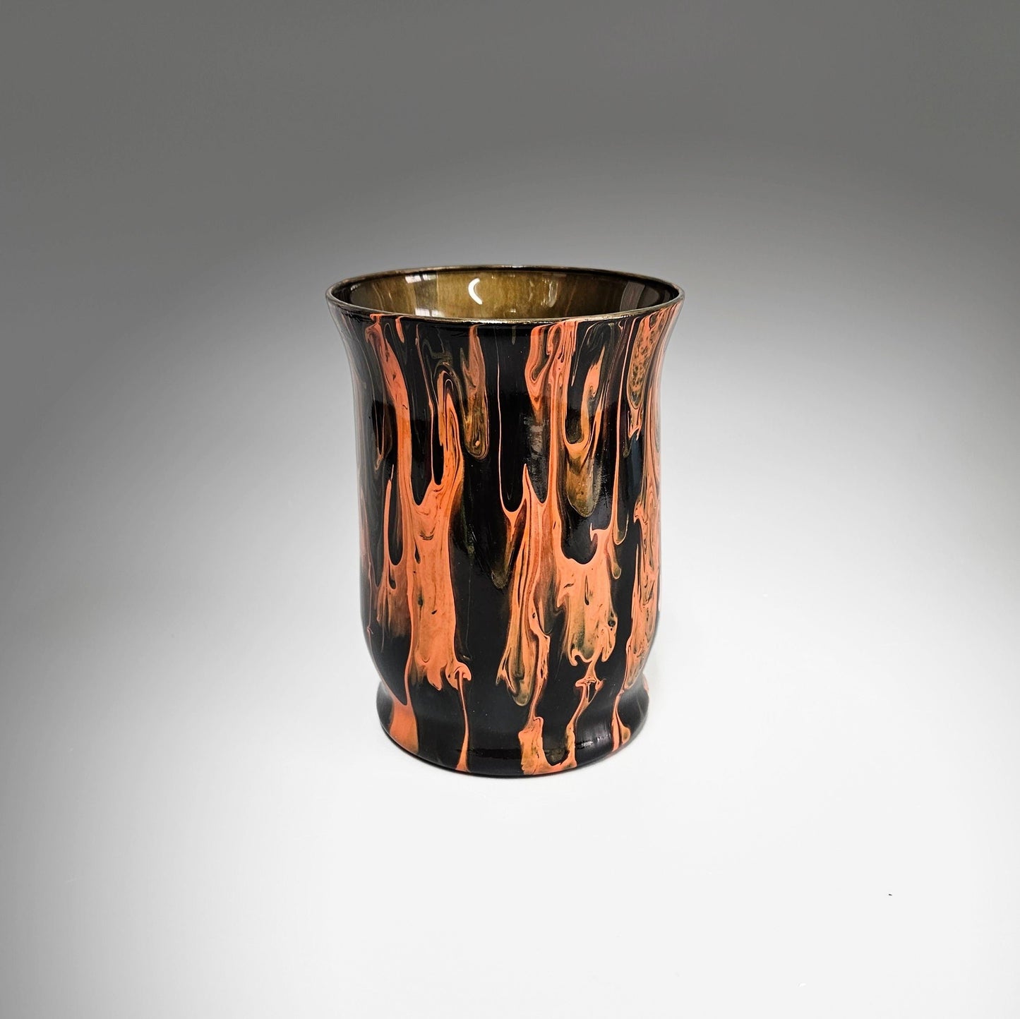 Glass Art Painted Orange Black Hurricane Vase