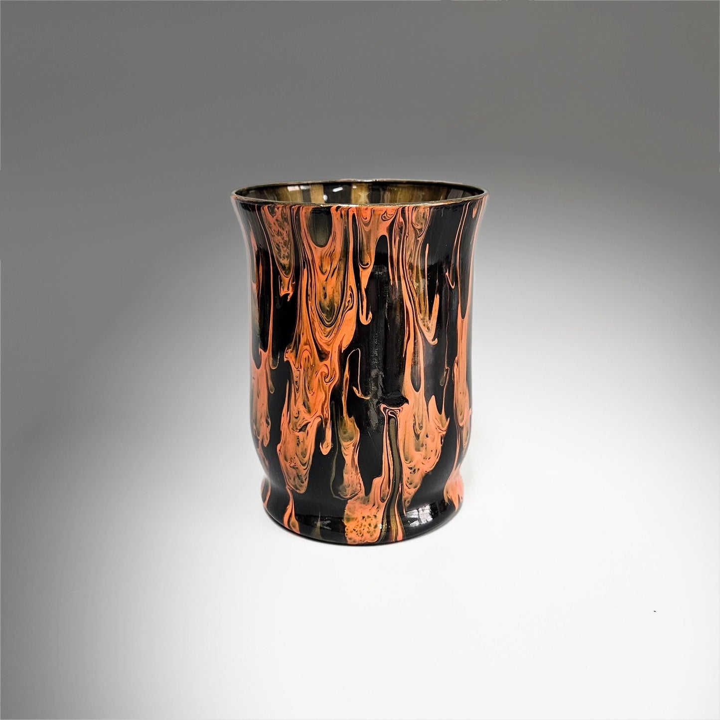 Glass Art Painted Orange Black Hurricane Vase