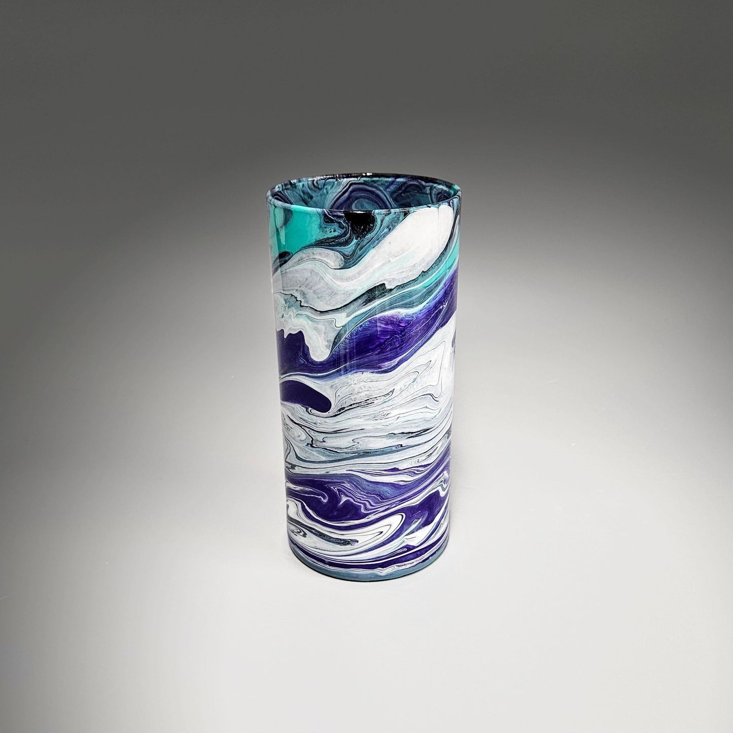 Glass Art Cylinder Vase in Aqua Black Purple White