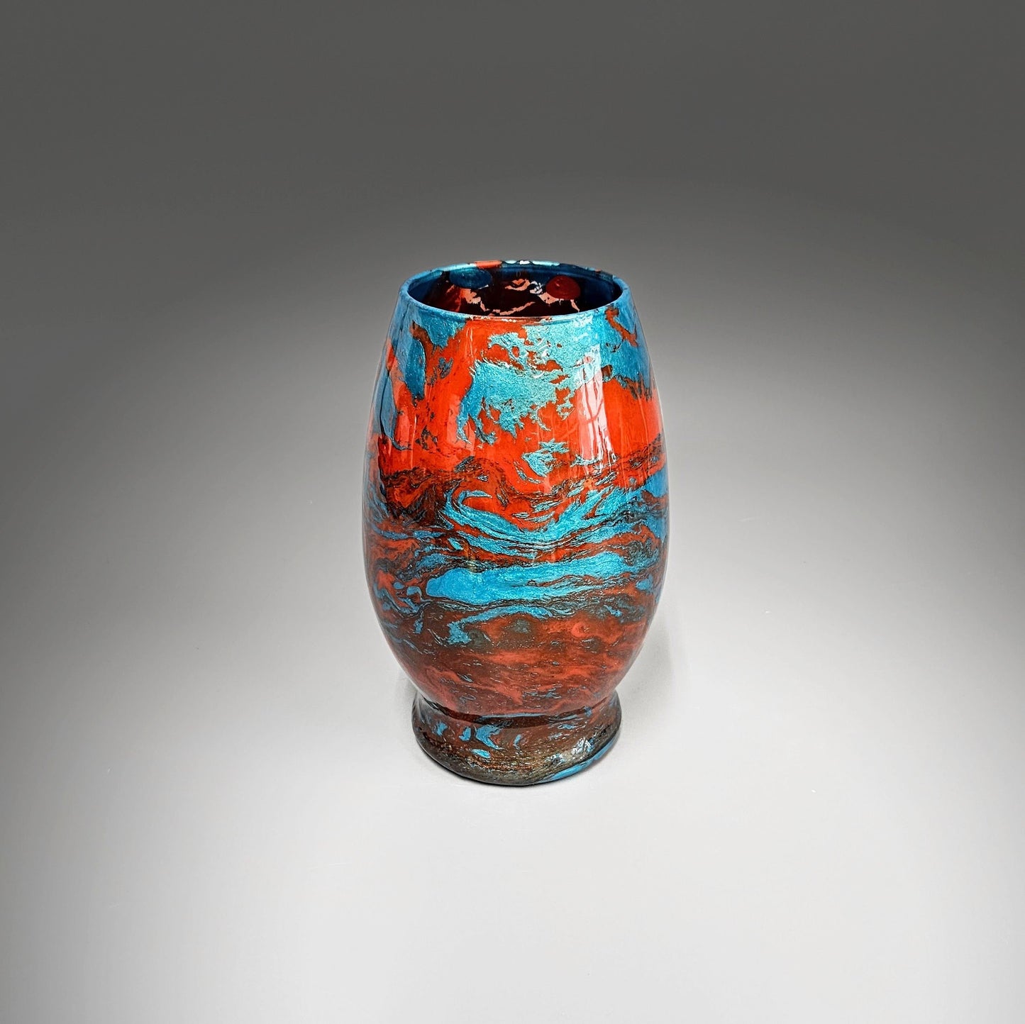 Glass Art Painted Turquoise Blue Orange Fluid Art Flower Vase