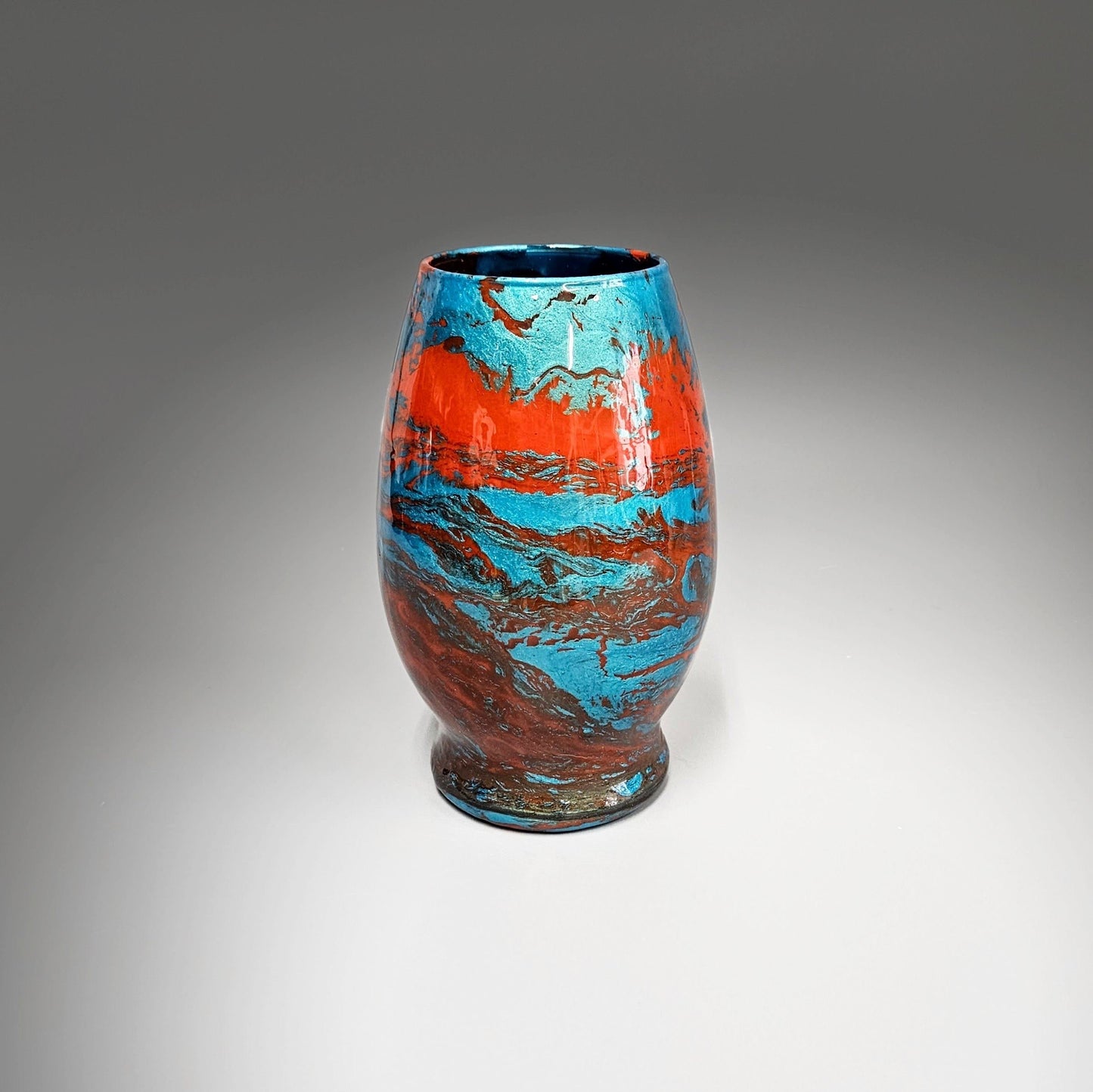 Glass Art Painted Turquoise Blue Orange Fluid Art Flower Vase