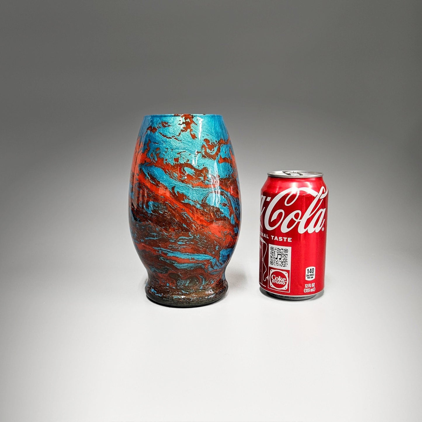 Glass Art Painted Turquoise Blue Orange Fluid Art Flower Vase