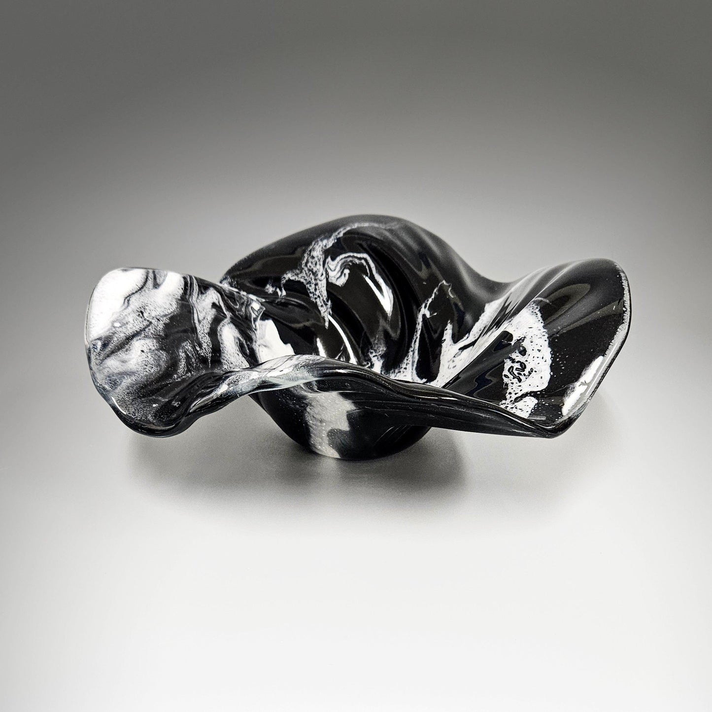 Abstract Glass Art Wave Bowl in Black and White