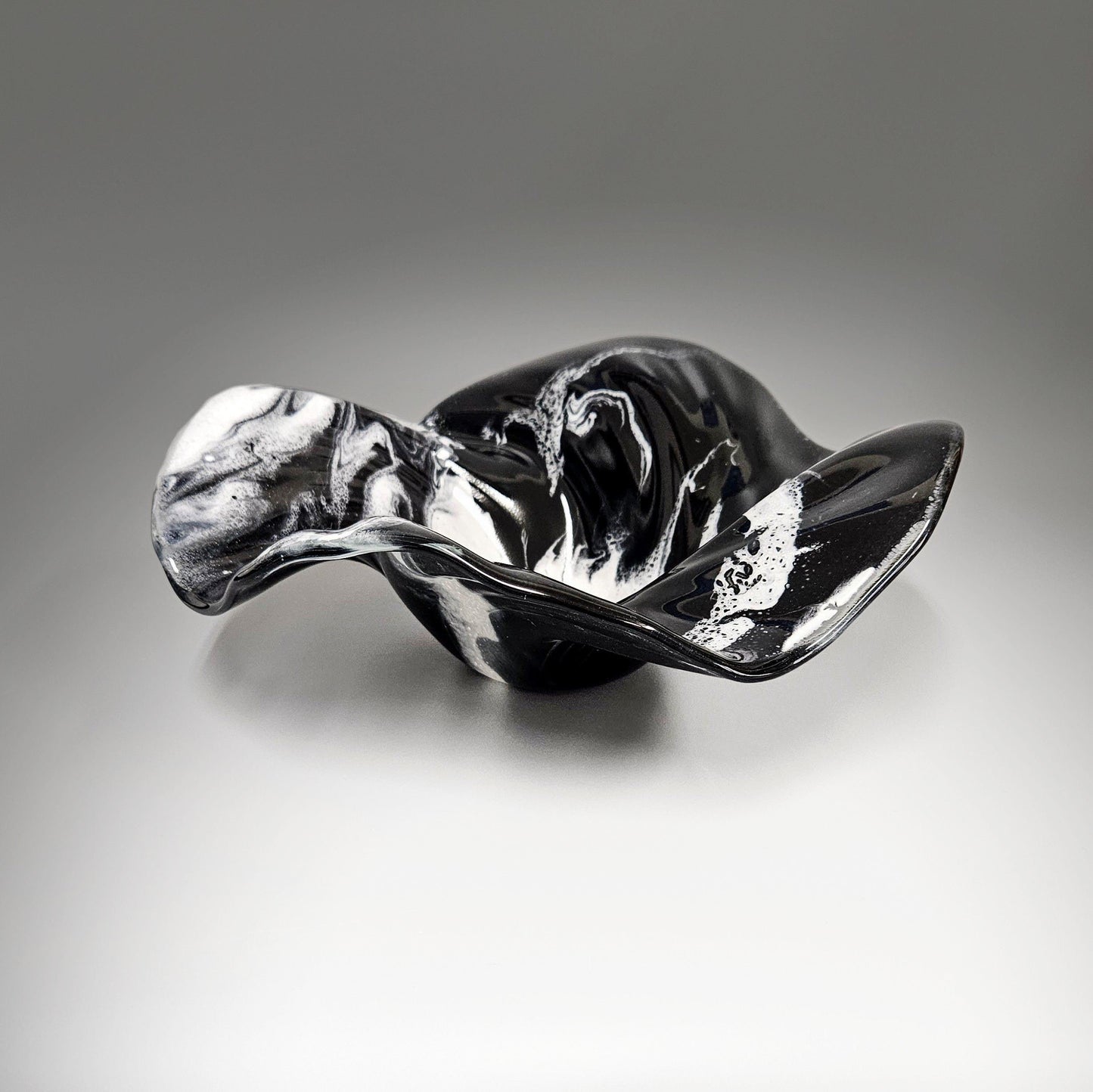 Abstract Glass Art Wave Bowl in Black and White