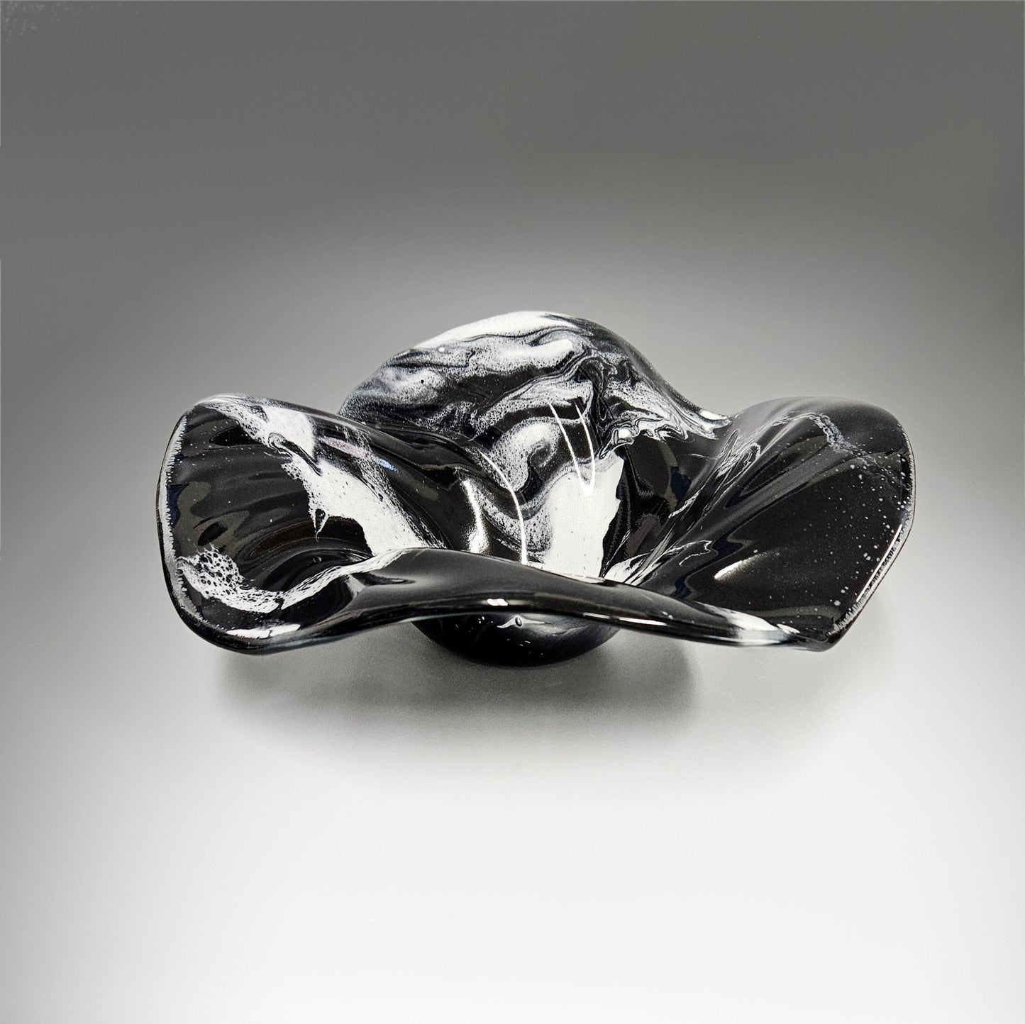 Abstract Glass Art Wave Bowl in Black and White