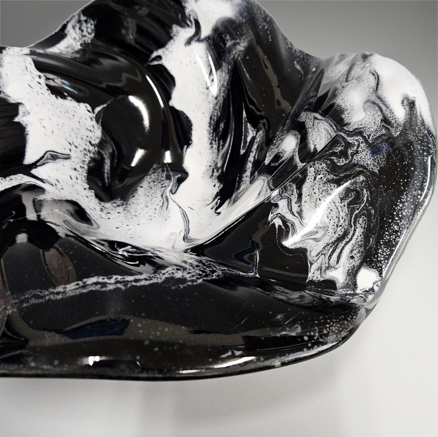 Abstract Glass Art Wave Bowl in Black and White