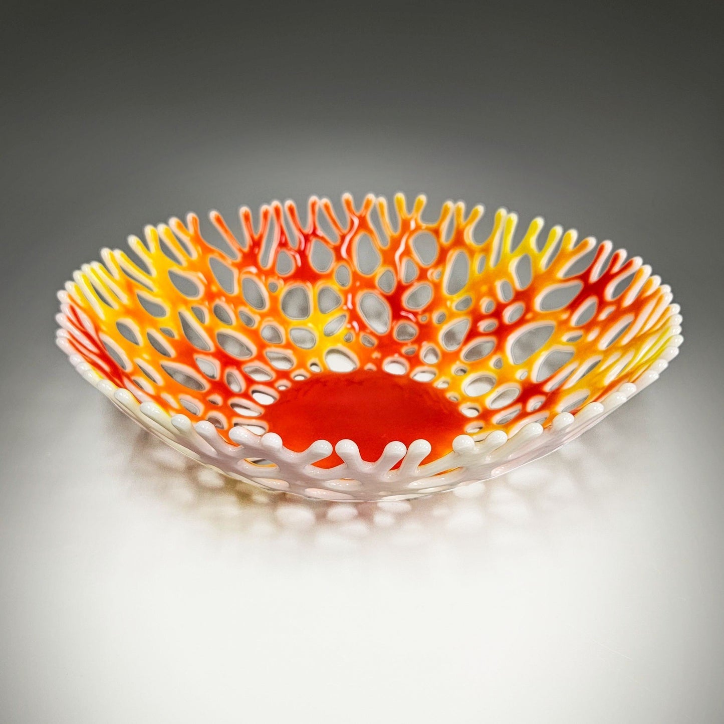 Large Glass Art Fruit Bowl in Red and Yellow | Coral Design