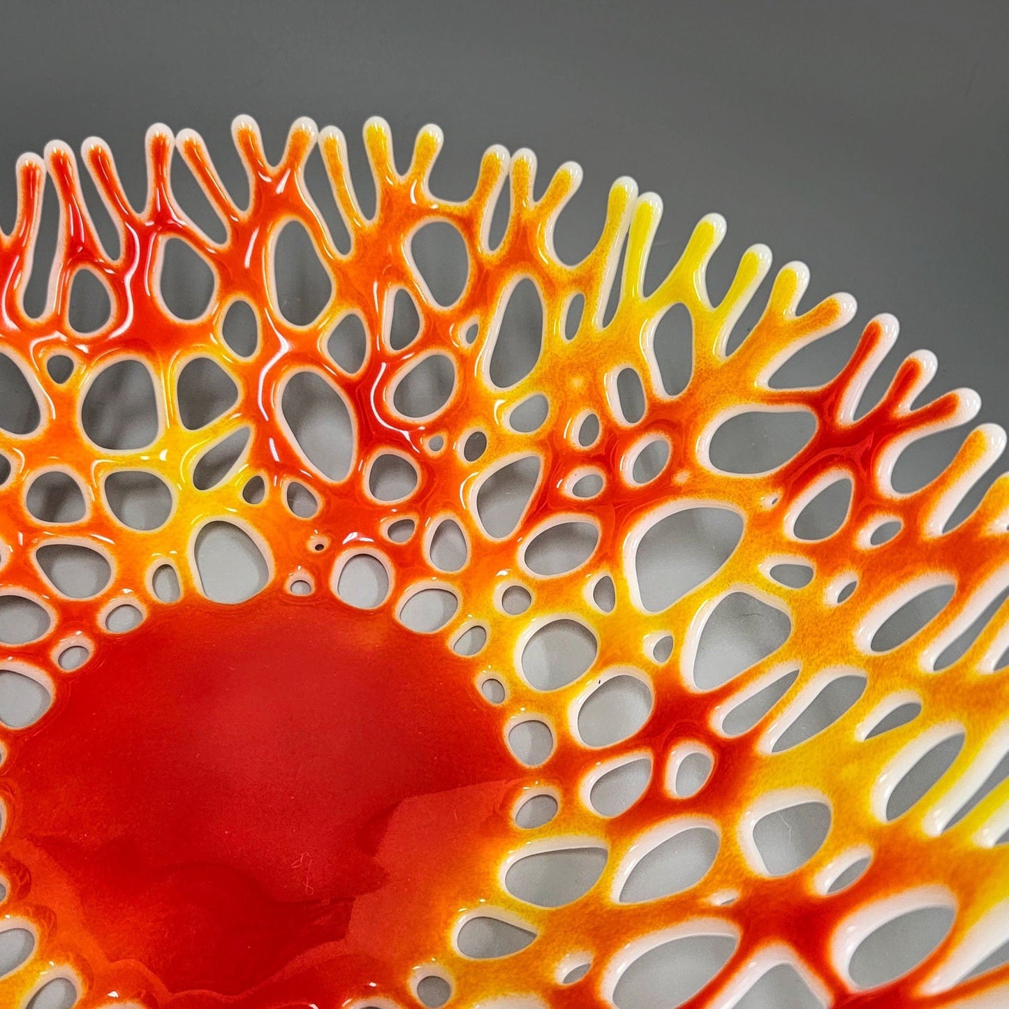 Large Glass Art Fruit Bowl in Red and Yellow | Coral Design