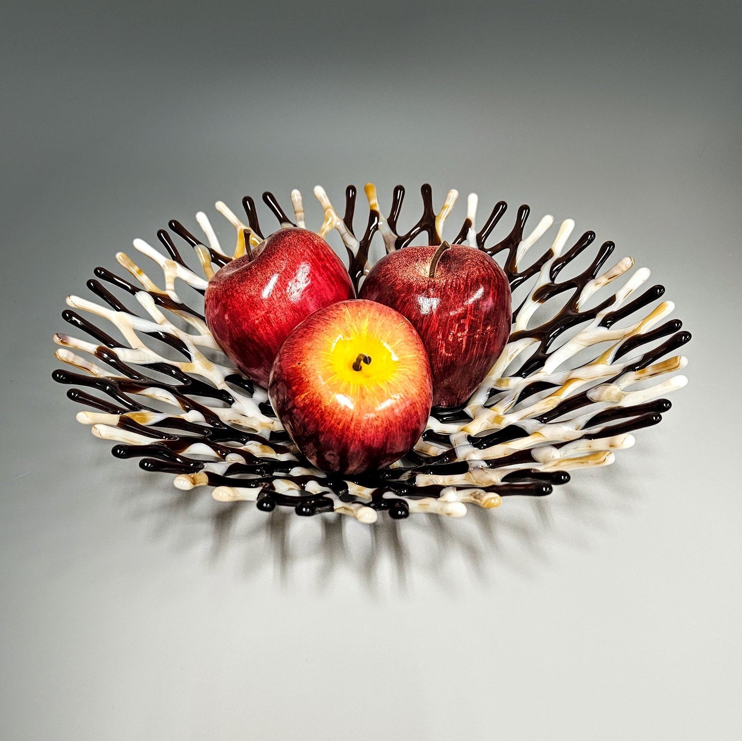 Modern Glass Art Fruit Bowl in Ivory Tan and Brown