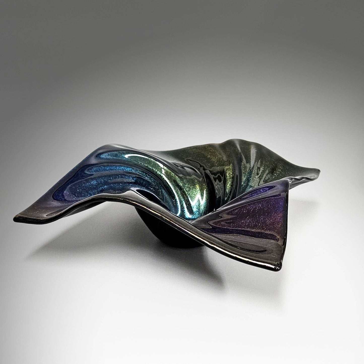 Decorative Wave Bowl in Black Iridescent Oil Slick Glass