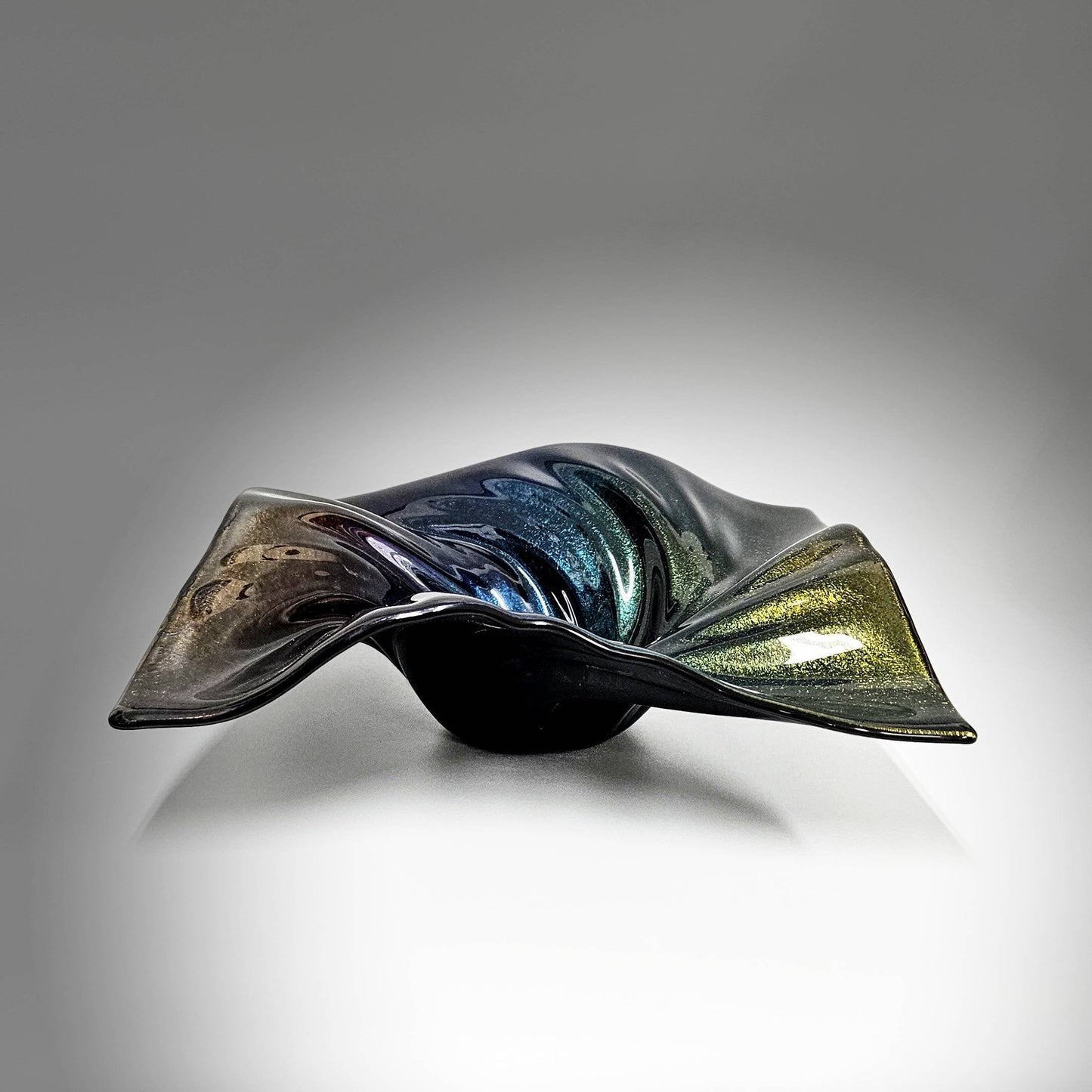 Decorative Wave Bowl in Black Iridescent Oil Slick Glass