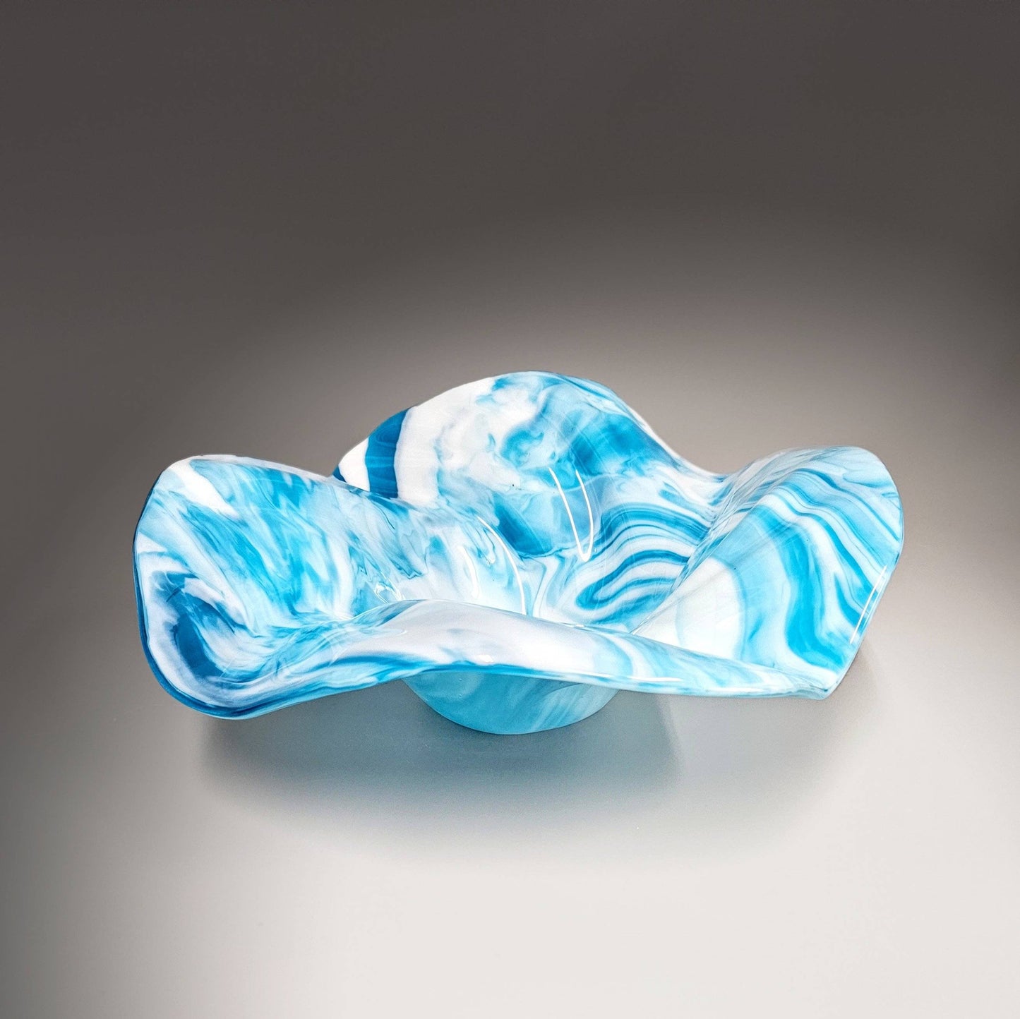 Glass Art Wave Bowl in Turquoise Blue and White