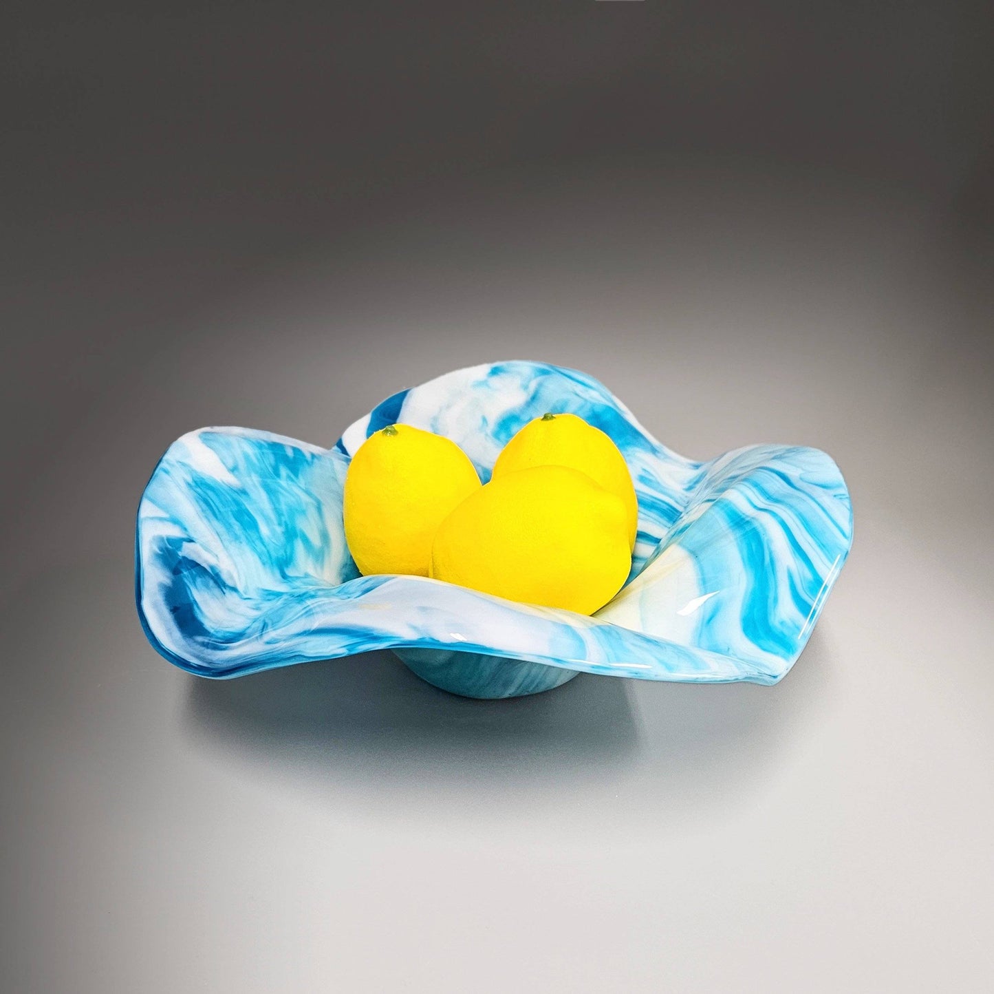 Glass Art Wave Bowl in Turquoise Blue and White