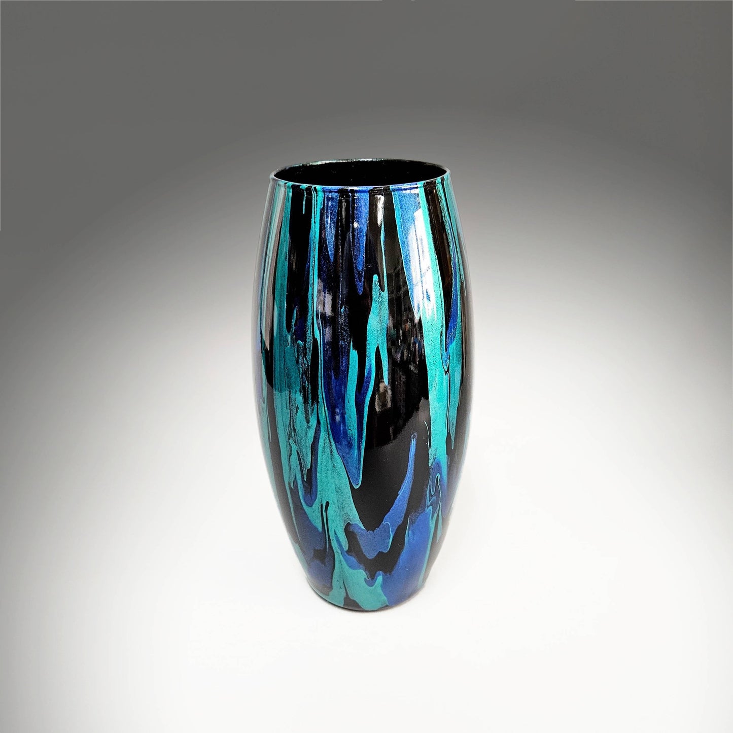 Abstract Teal Cobalt Black Glass Vase