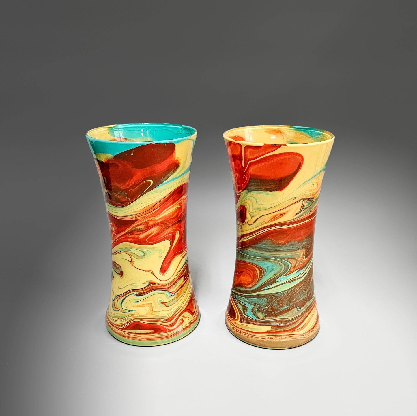 Glass Art Painted Vase in Orange Aqua and Tan