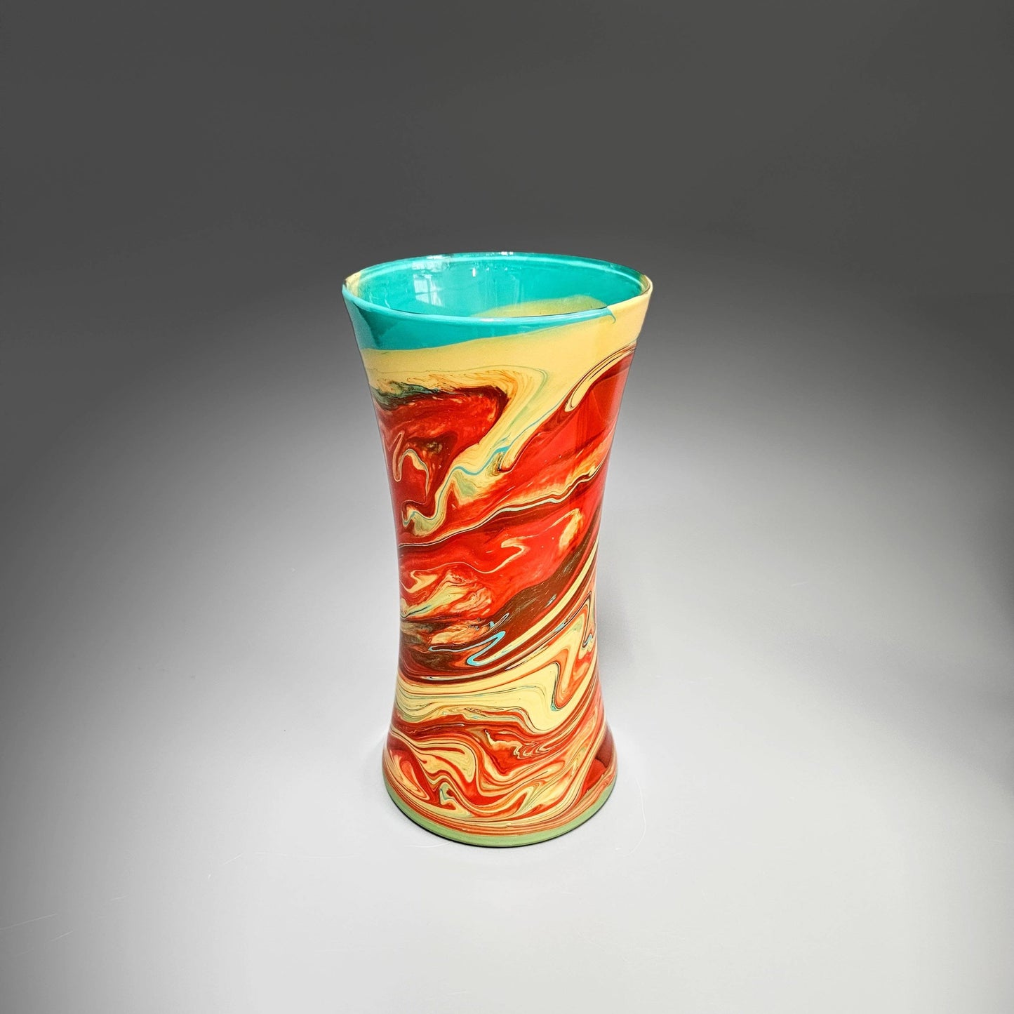 Glass Art Painted Vase in Orange Aqua and Tan