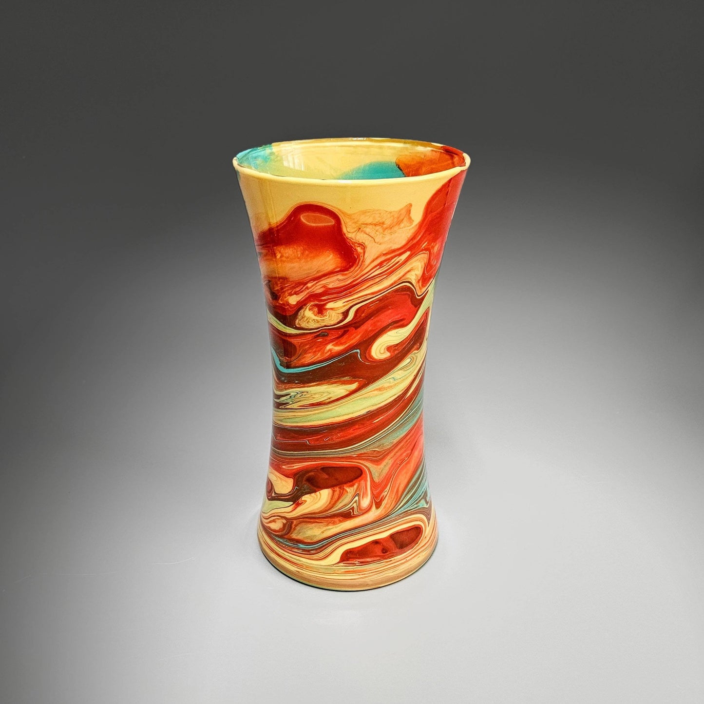 Glass Art Painted Vase in Orange Aqua and Tan