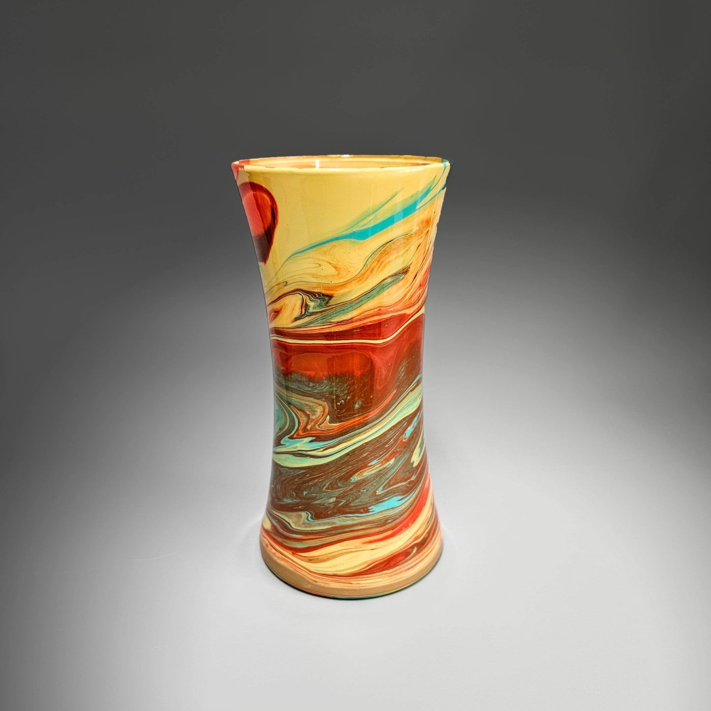 Glass Art Painted Vase in Orange Aqua and Tan