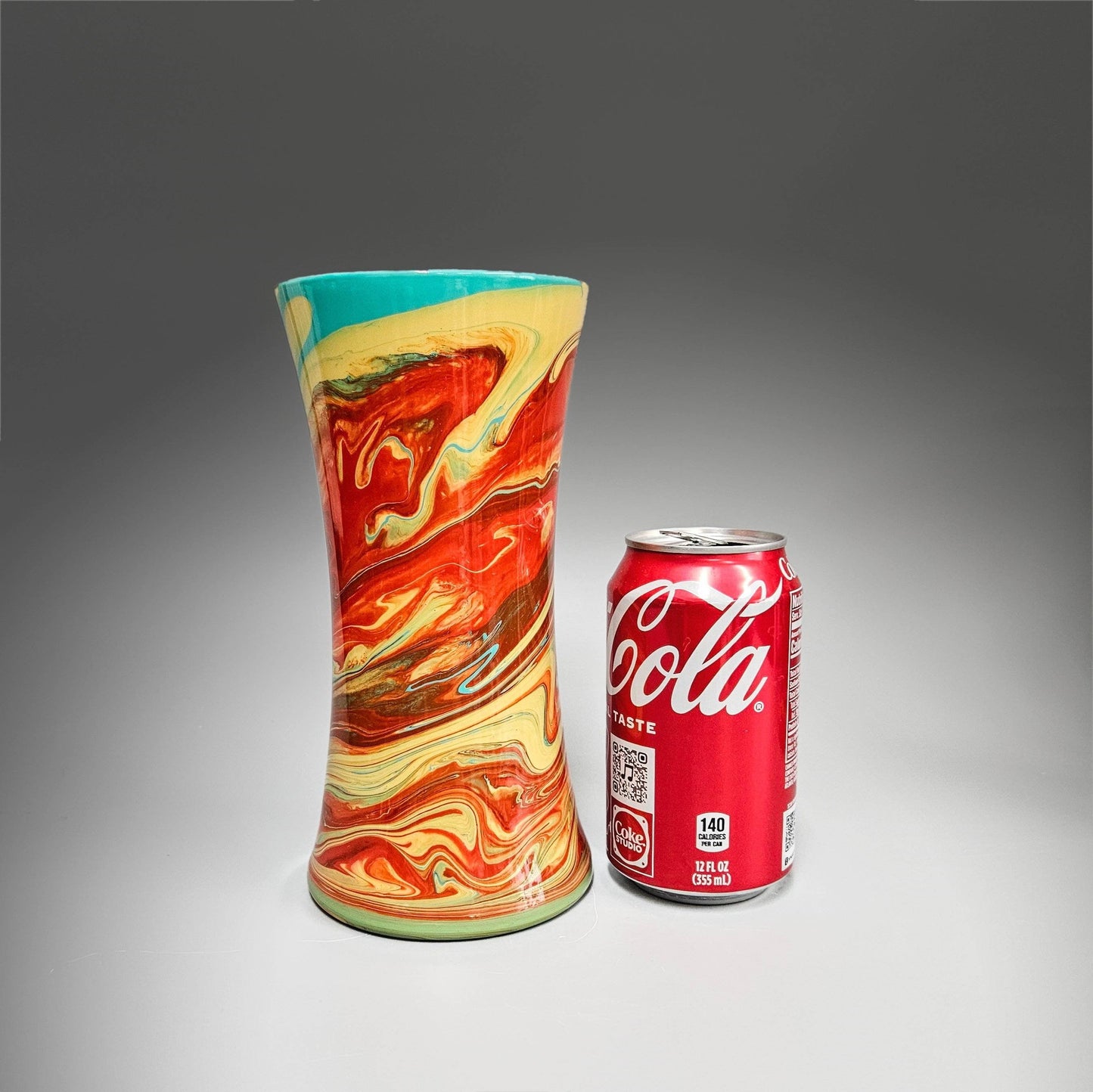 Glass Art Painted Vase in Orange Aqua and Tan