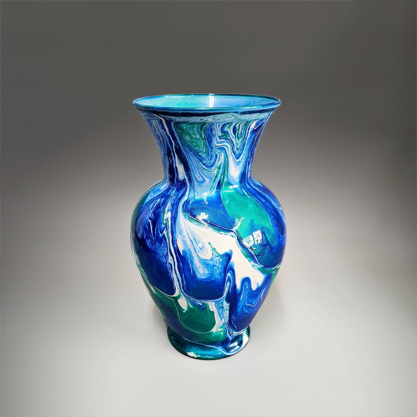 Glass Art Painted Vase in Teal Aqua Turquoise and Navy