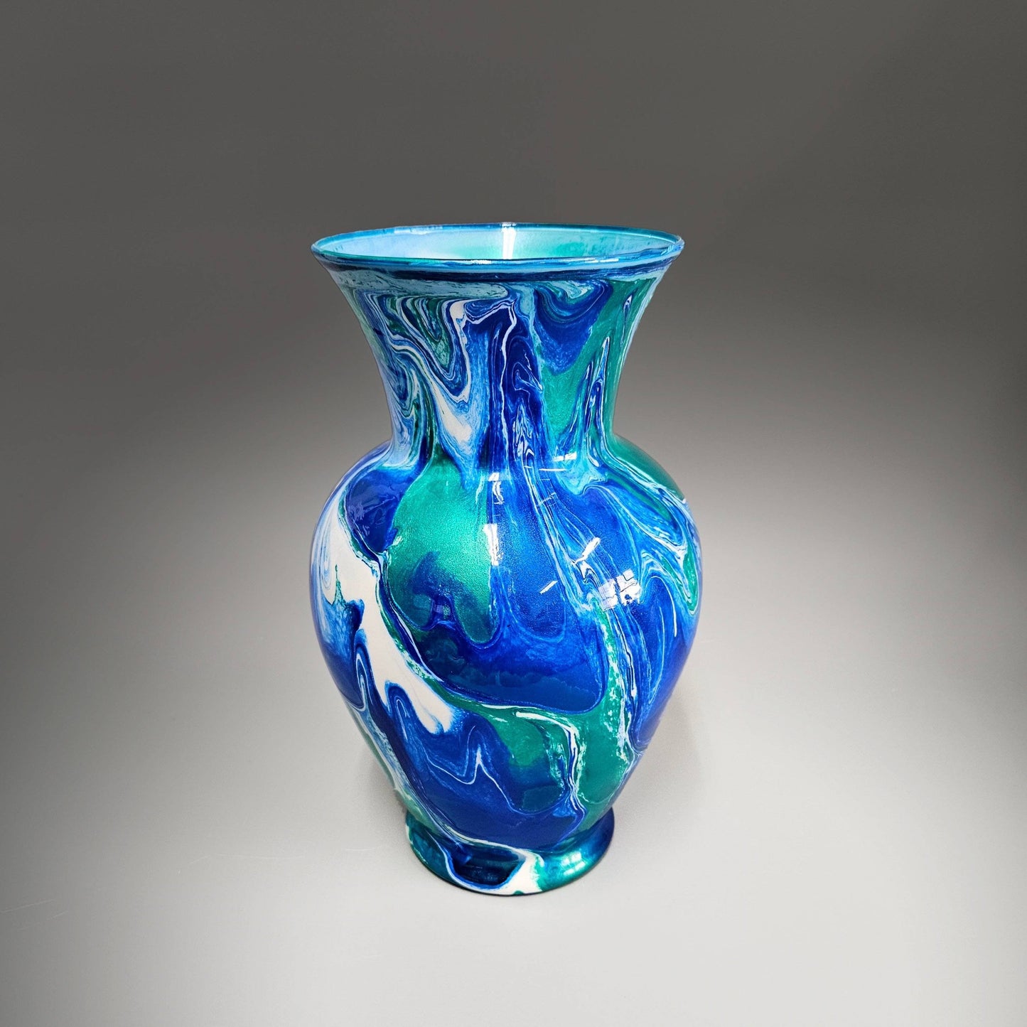 Glass Art Painted Vase in Teal Aqua Turquoise and Navy