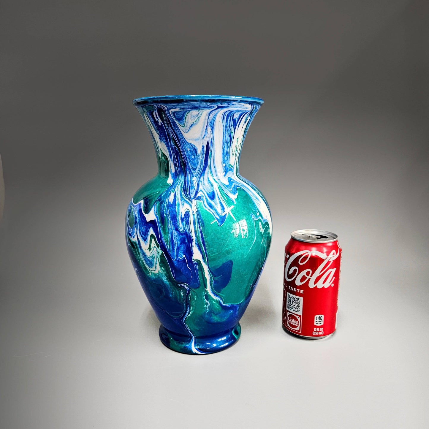Glass Art Painted Vase in Teal Aqua Turquoise and Navy