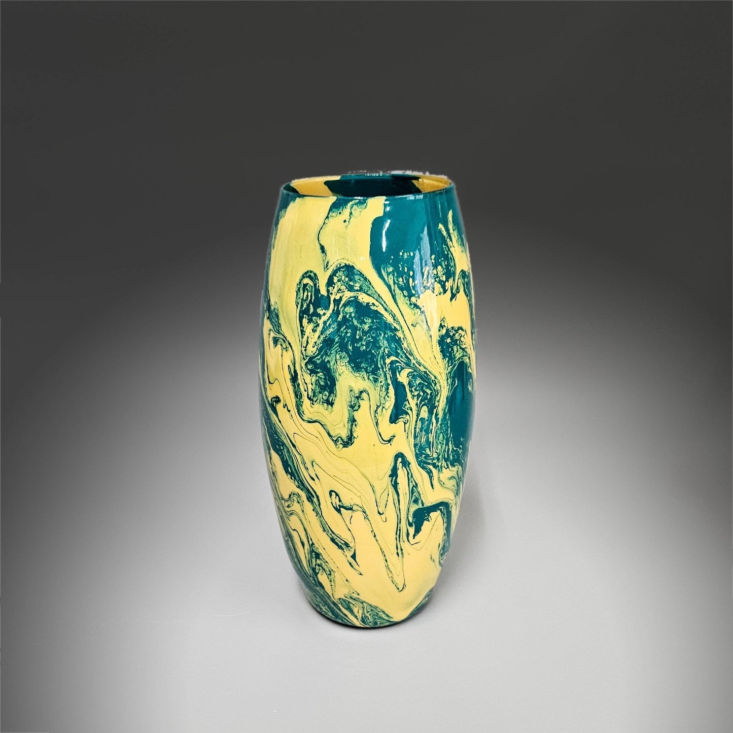 Abstract Teal and Tan Yellow Glass Vase