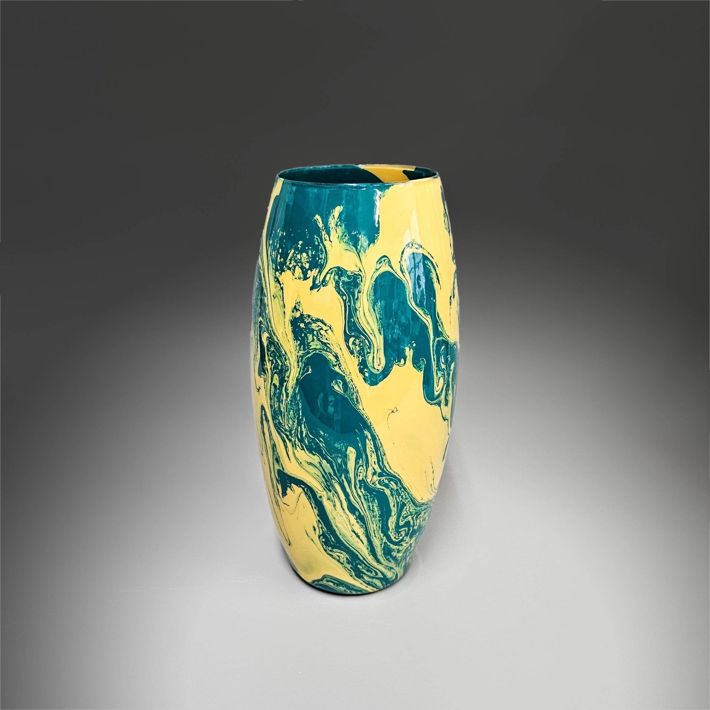 Abstract Teal and Tan Yellow Glass Vase