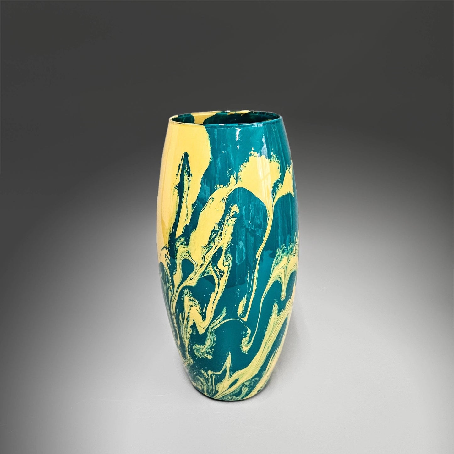 Abstract Teal and Tan Yellow Glass Vase