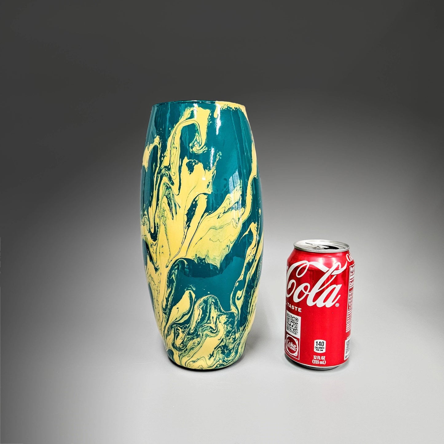 Abstract Teal and Tan Yellow Glass Vase