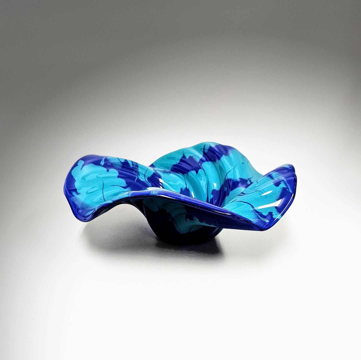 Glass Art Wave Bowl in Cobalt Blue Aqua Green
