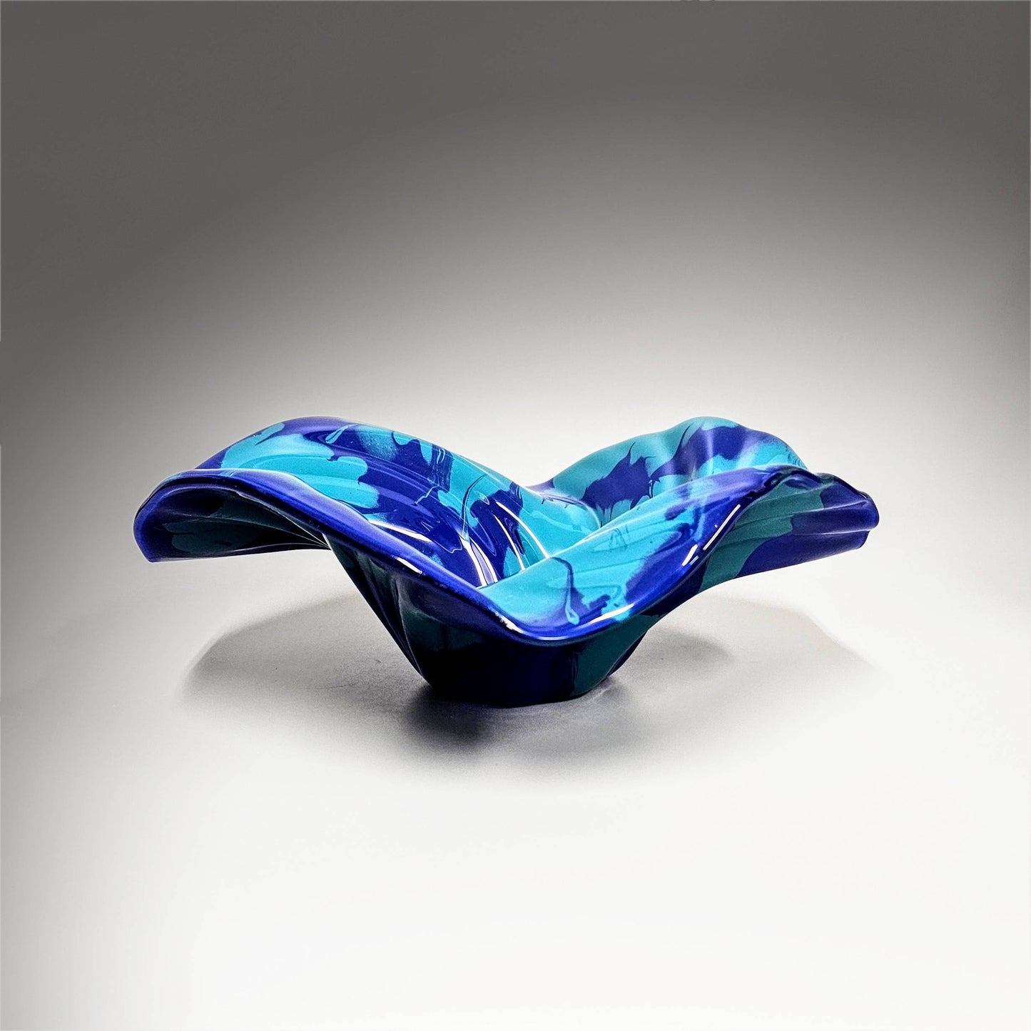 Glass Art Wave Bowl in Cobalt Blue Aqua Green