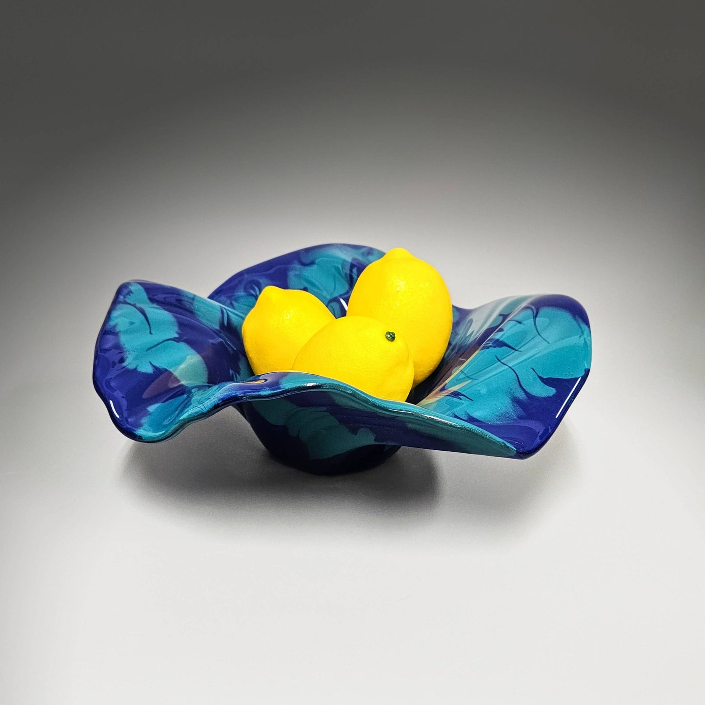 Glass Art Wave Bowl in Cobalt Blue Aqua Green