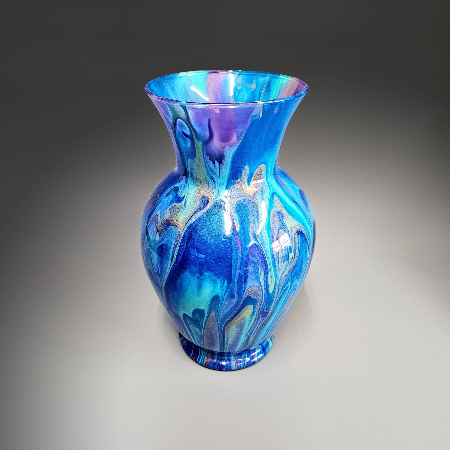 Glass Art Centerpiece Vase in Aqua Gold Purple Blue